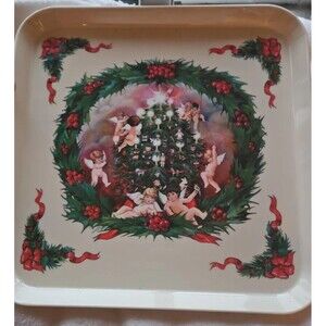 Vintage Holiday Christmas Tree Cherubs Serving Tray Made In Italy